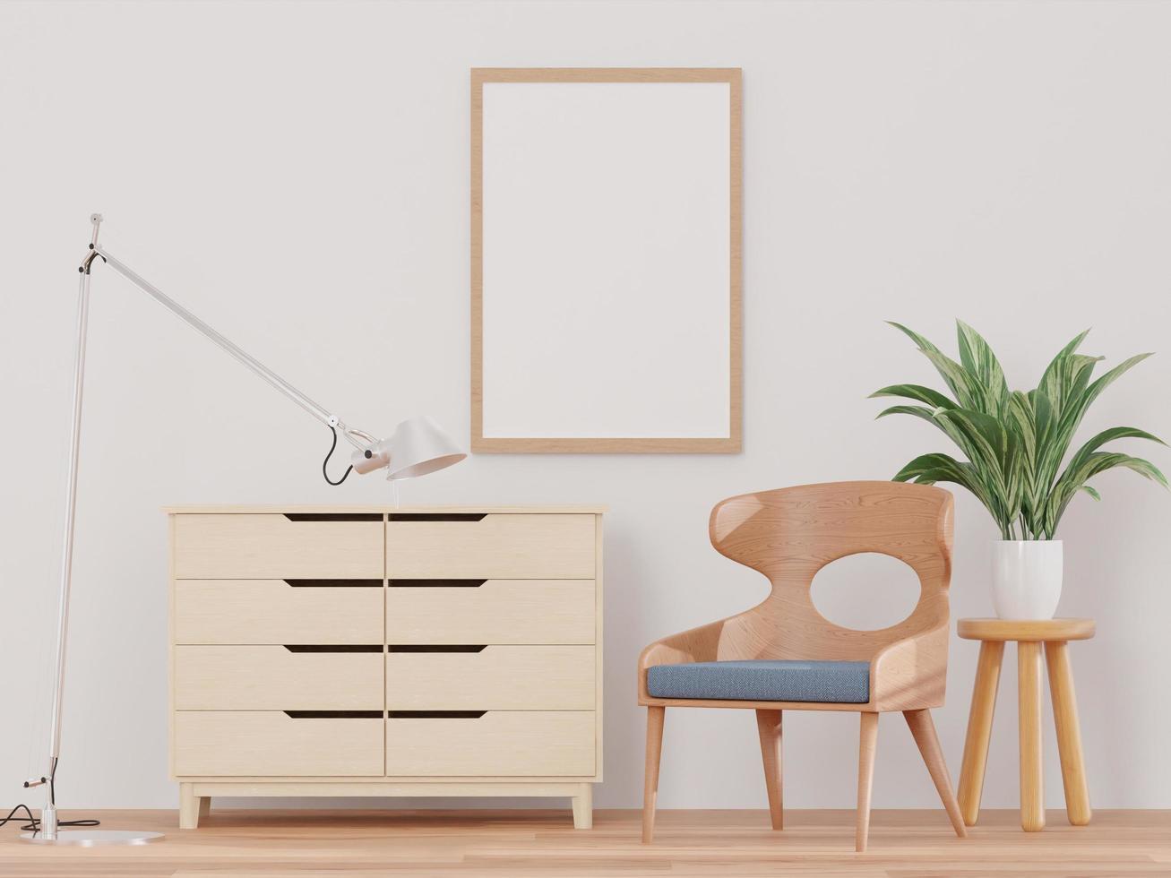 sala de estar de estilo minimalista y pared blanca, silla, arbolitos, marco simulado - representación 3d - foto