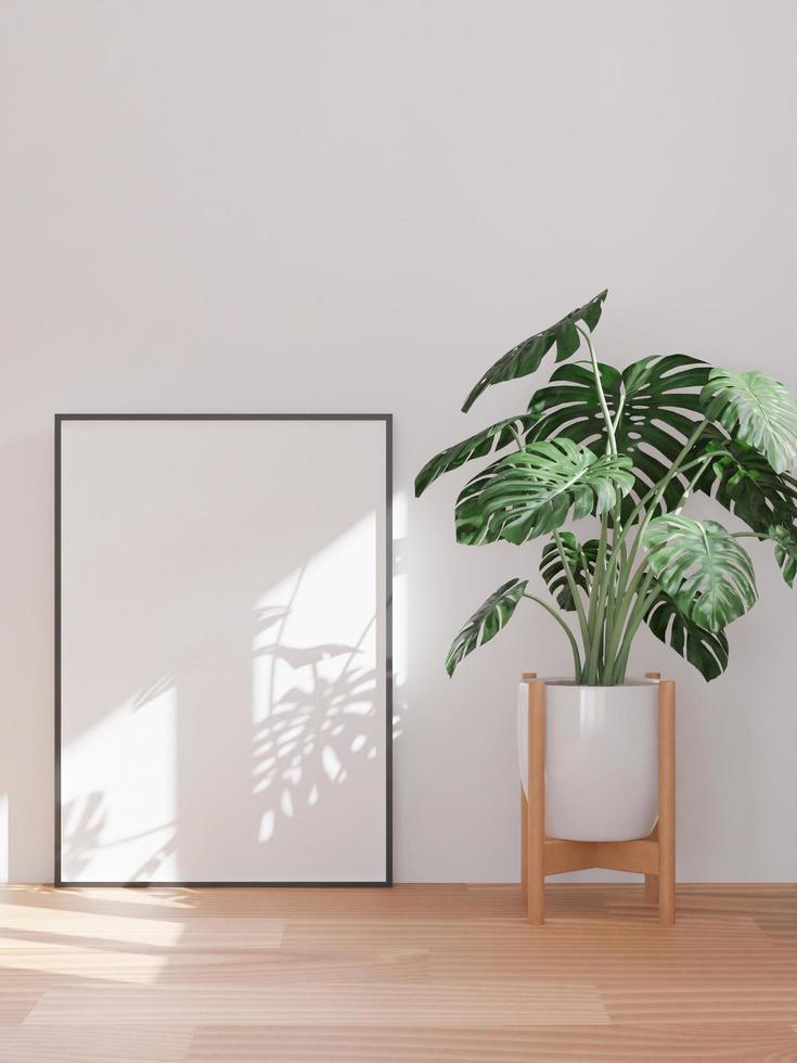 Living room on the white wall background, tree on cabinet, minimal style ,frame form mock up - 3D rendering - photo