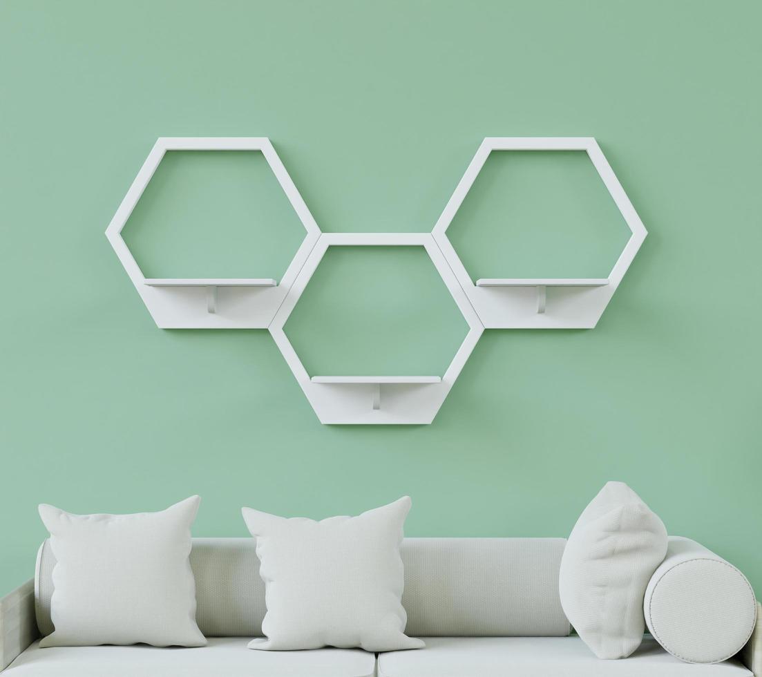 Hexagon wooden shelf, Minimal Japanese style. floating on the wall copy space hexagon, copy space. photo