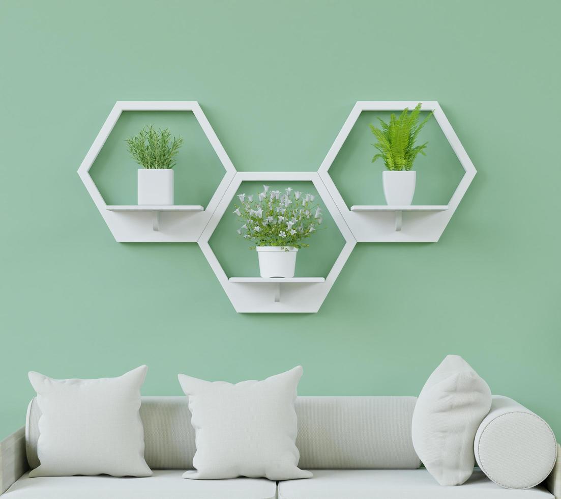 Hexagon wooden shelf, Minimal Japanese style. little tree, floating on the wall copy space hexagon, copy space. photo