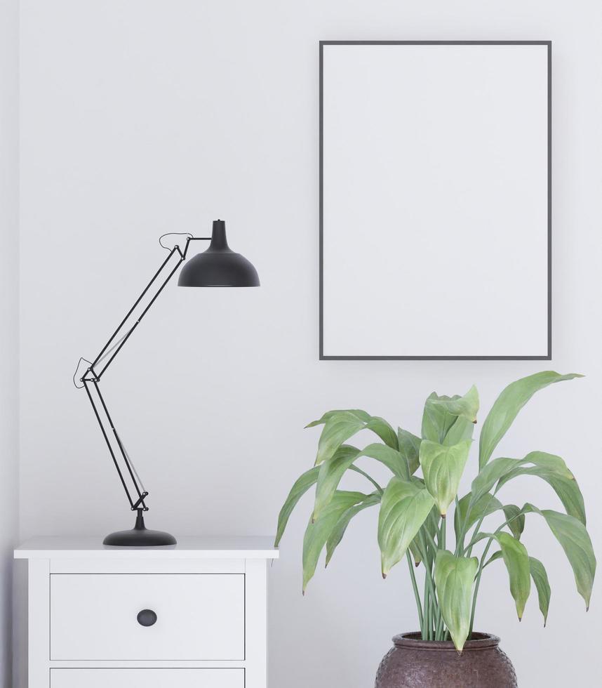 Living room on the white wall background, tree on cabinet, minimal style ,frame form mock up - 3D rendering - photo