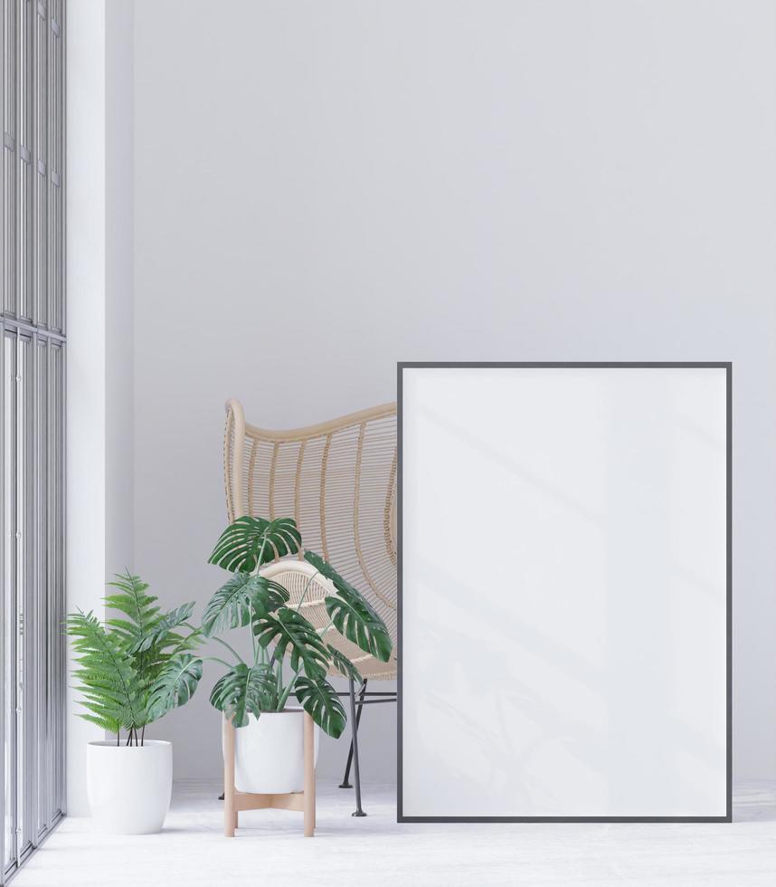 Living room on the white wall background, tree on cabinet, minimal style ,frame form mock up - 3D rendering - photo