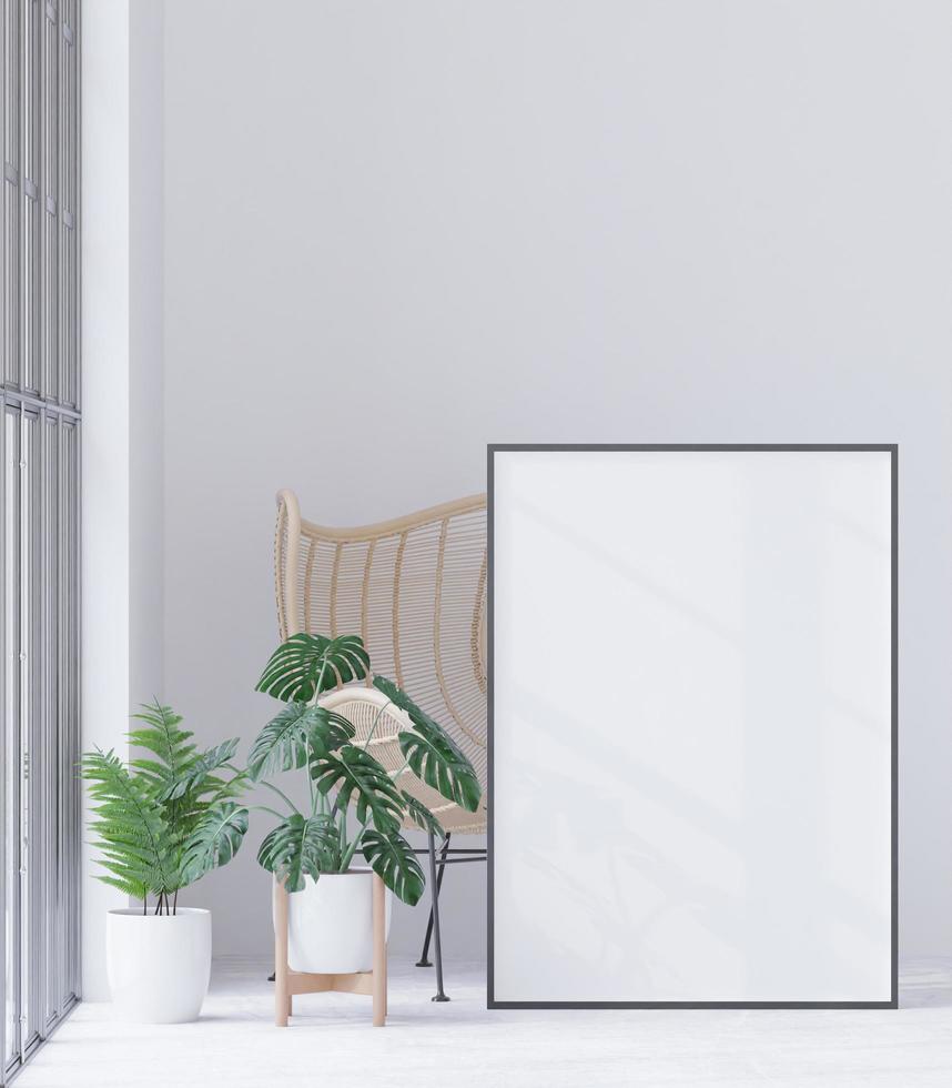 Living room on the white wall background, tree on cabinet, minimal style ,frame form mock up - 3D rendering - photo