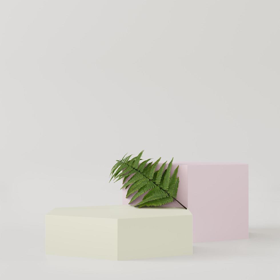 Cosmetic hexagon podium background for product presentation, for fashion magazine. Fern leaf - 3d rendering - photo