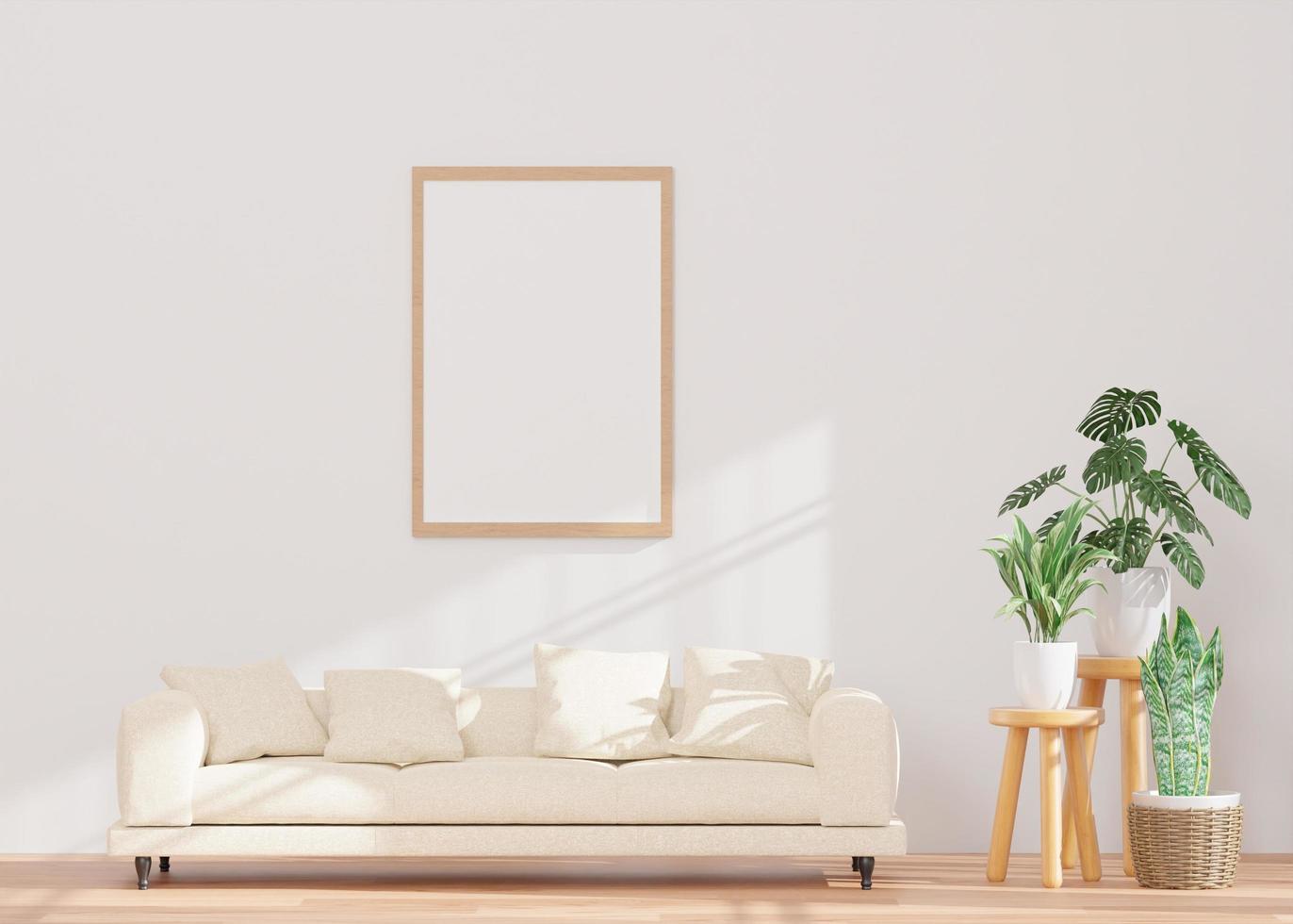 sala de estar mínima y sofá de pared blanca marco simulado - representación 3d - foto
