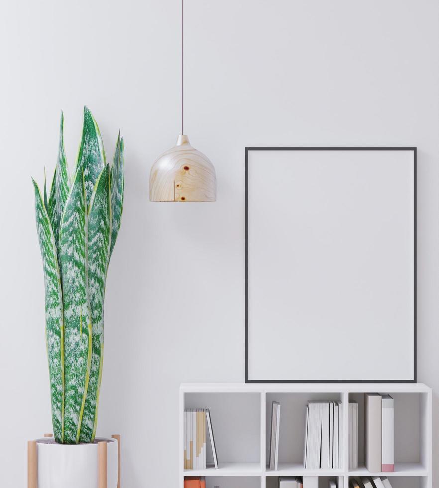 Living room on the white wall background, tree on cabinet, minimal style ,frame form mock up - 3D rendering - photo