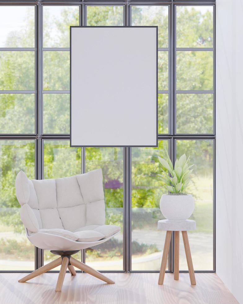 Living room on the white wall, little tree minimal style ,frame form mock up - 3D rendering - photo