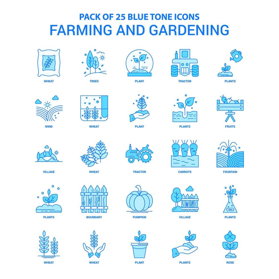 paquete de iconos de tono azul de agricultura y jardinería 25 conjuntos de iconos vector