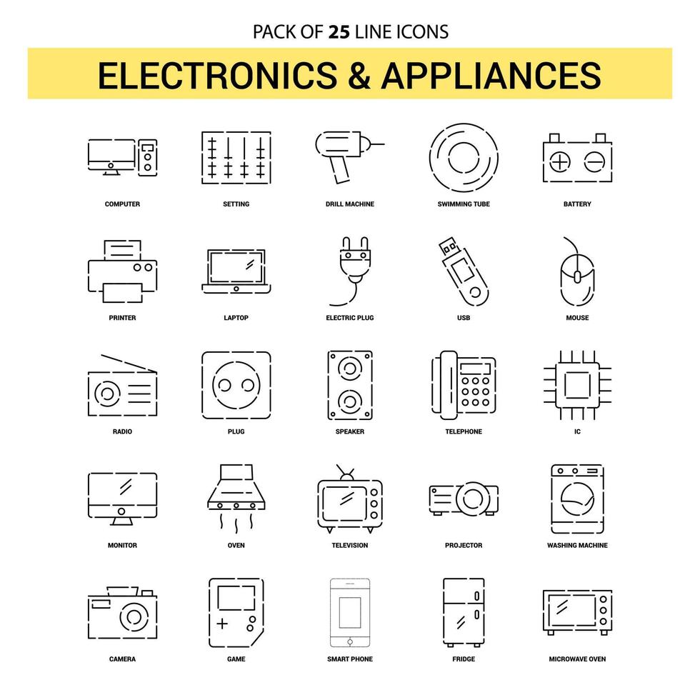 Electronics and Appliances Line Icon Set 25 Dashed Outline Style vector