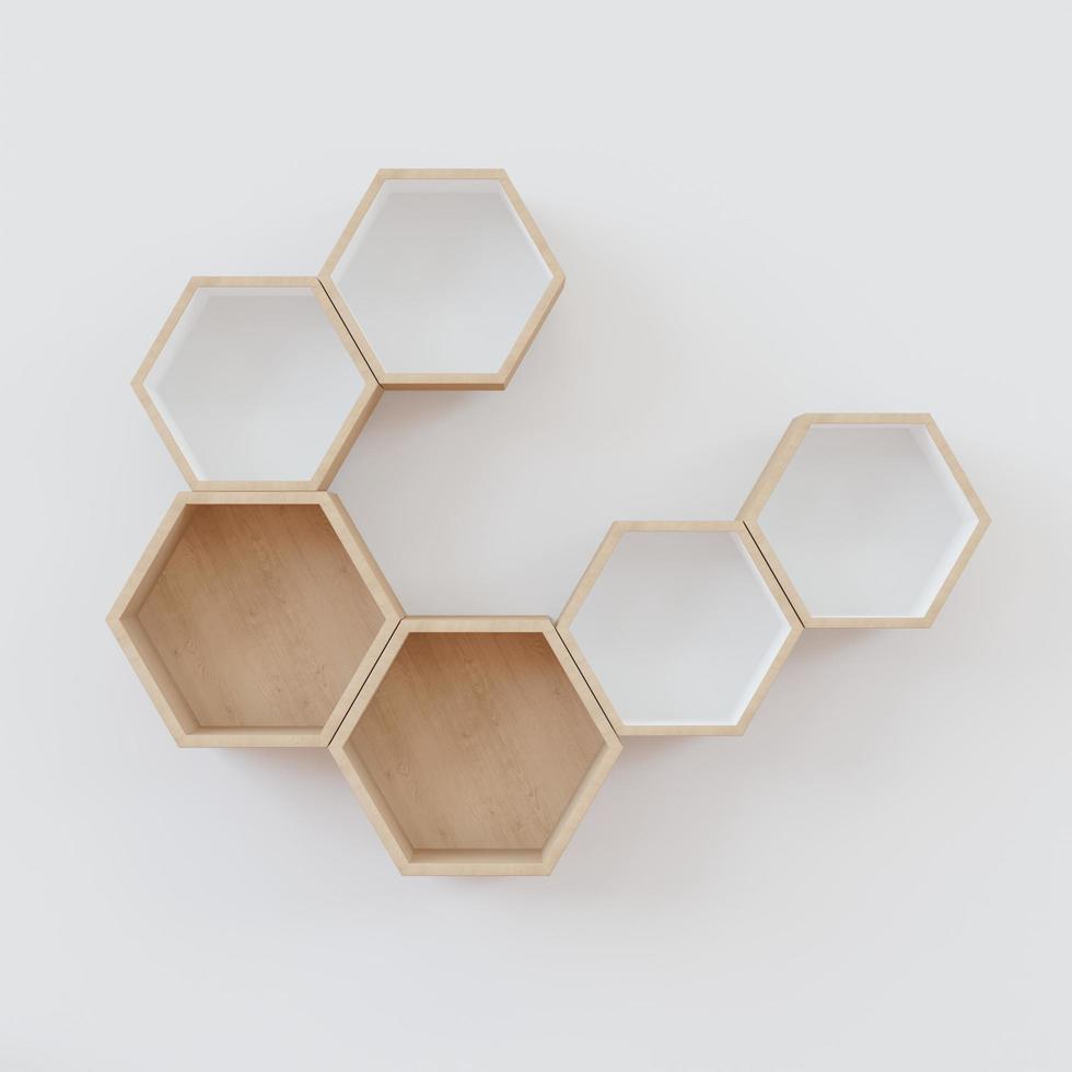 estante de madera hexagonal, estilo japonés minimalista. flotando en el hexágono de espacio de copia de pared, espacio de copia. foto