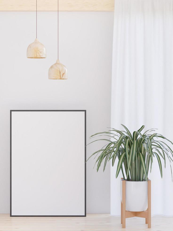 Living room on the white wall background, tree on cabinet, minimal style ,frame form mock up - 3D rendering - photo