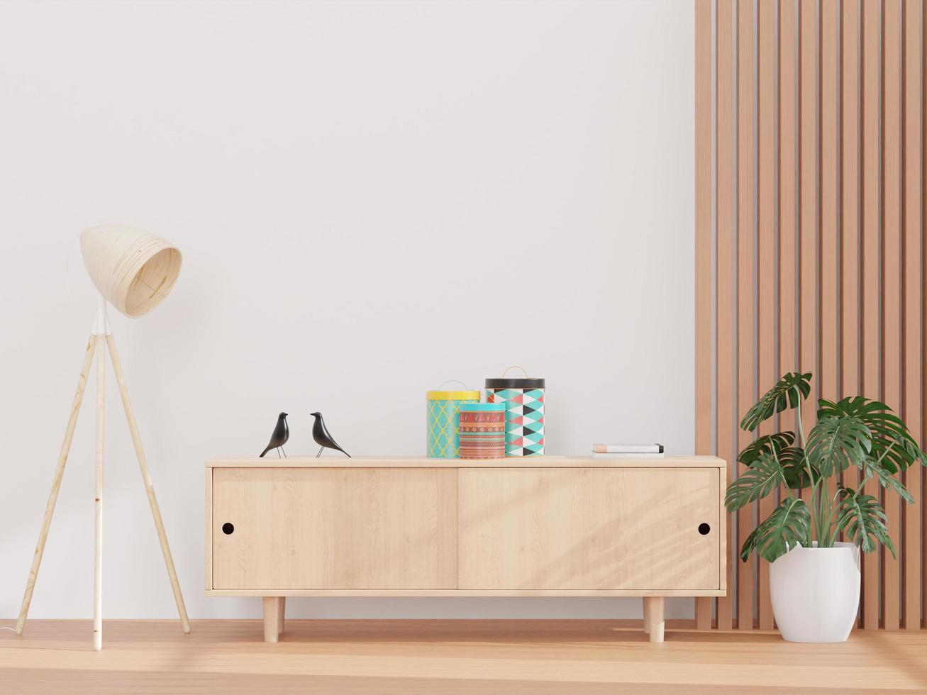 Living room and white wall, and wooden sideboard, minimal style ,mock up and copy space wall - 3d rendering - photo