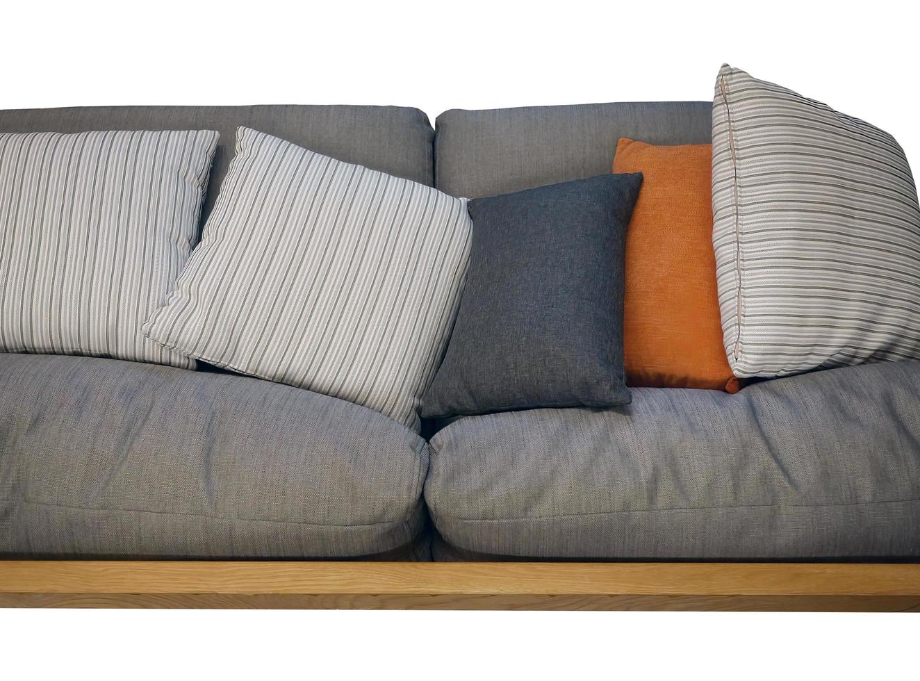 Close up gray fabric couch Sofa with colorful backrest pillows, comfortable, cozy, homy style, isolated, cutout, clipping path photo