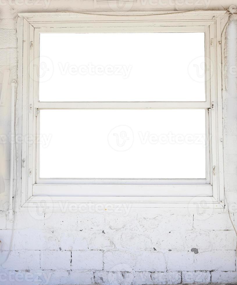 White wooden window frame isolated cutout transparent, blank space on a white brick wall, background, wallpaper, copy space with clipping path photo