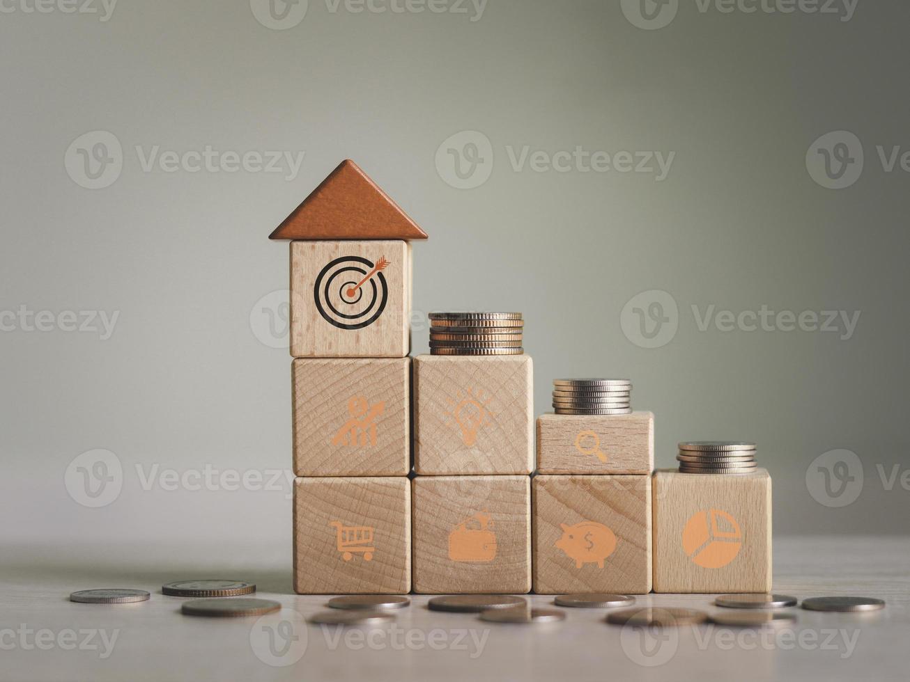 Insurance and stages of life saving money. cube with assurance icon standing on finance, education, real estate and property, health, child, family and pension planing icon .Insurance   concept photo