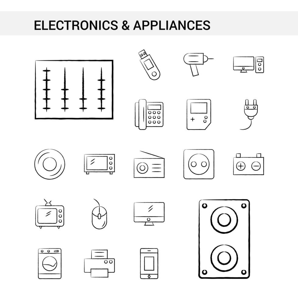 electrónica y electrodomésticos estilo de conjunto de iconos dibujados a mano aislado en vector de fondo blanco