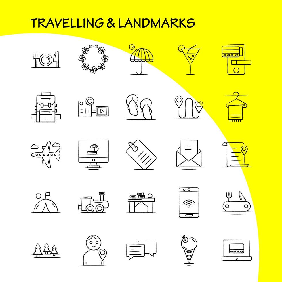 Travelling And Landmarks Hand Drawn Icon for Web Print and Mobile UXUI Kit Such as File Location Map Transport Chat Chatting Text Transport Pictogram Pack Vector