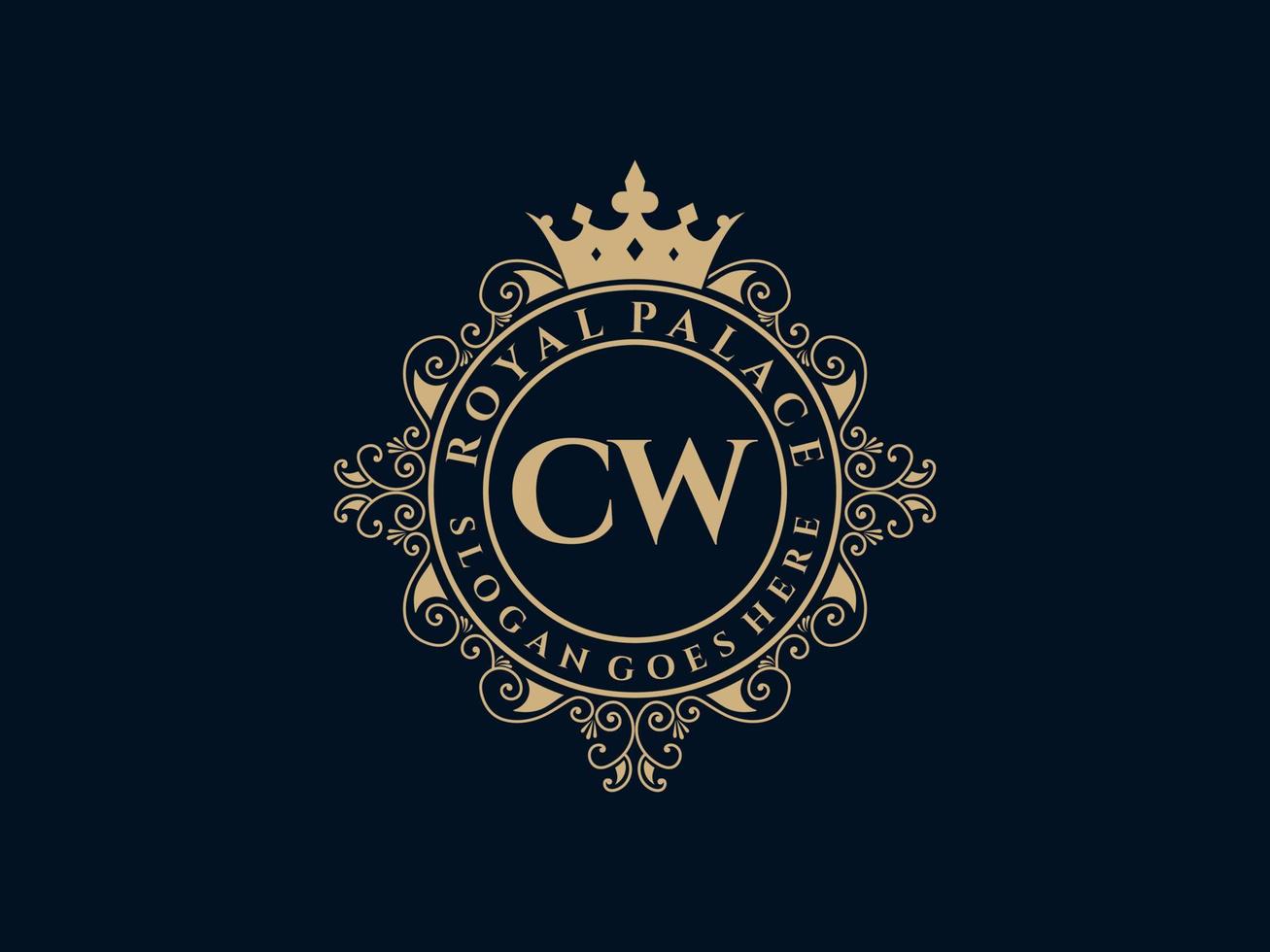 Letter CW Antique royal luxury victorian logo with ornamental frame. vector