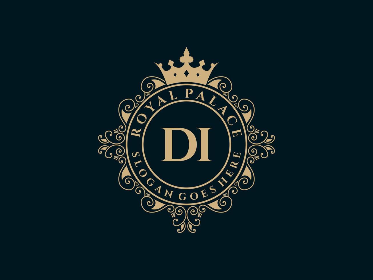 Letter DI Antique royal luxury victorian logo with ornamental frame. vector