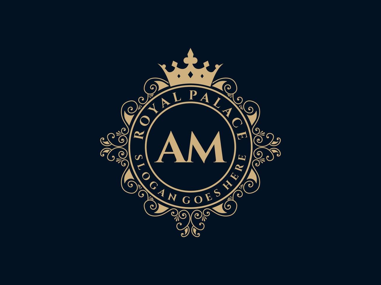 Letter AM Antique royal luxury victorian logo with ornamental frame. vector