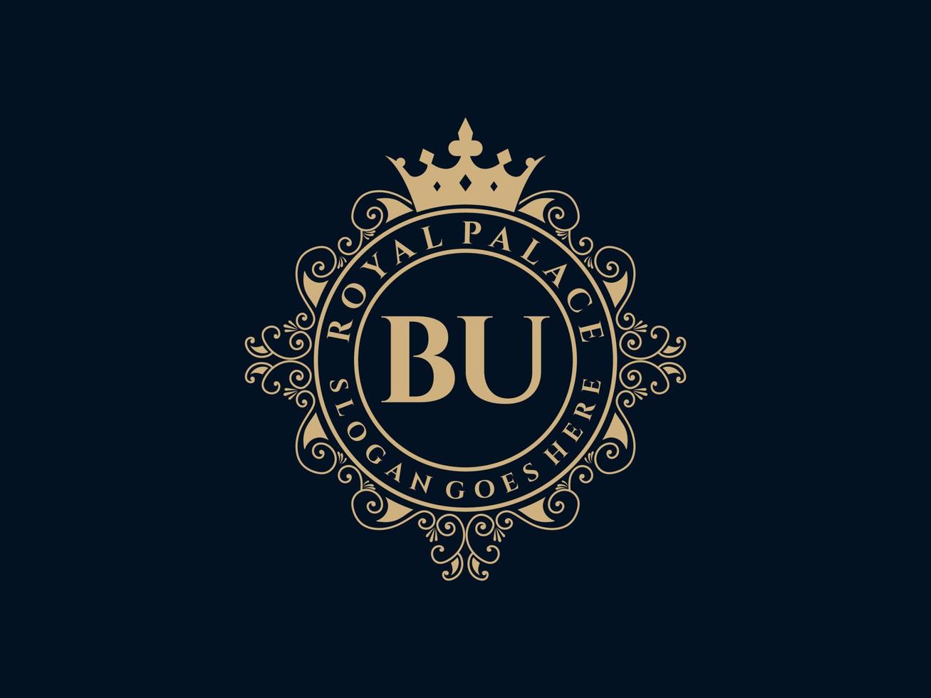 Letter BU Antique royal luxury victorian logo with ornamental frame. vector