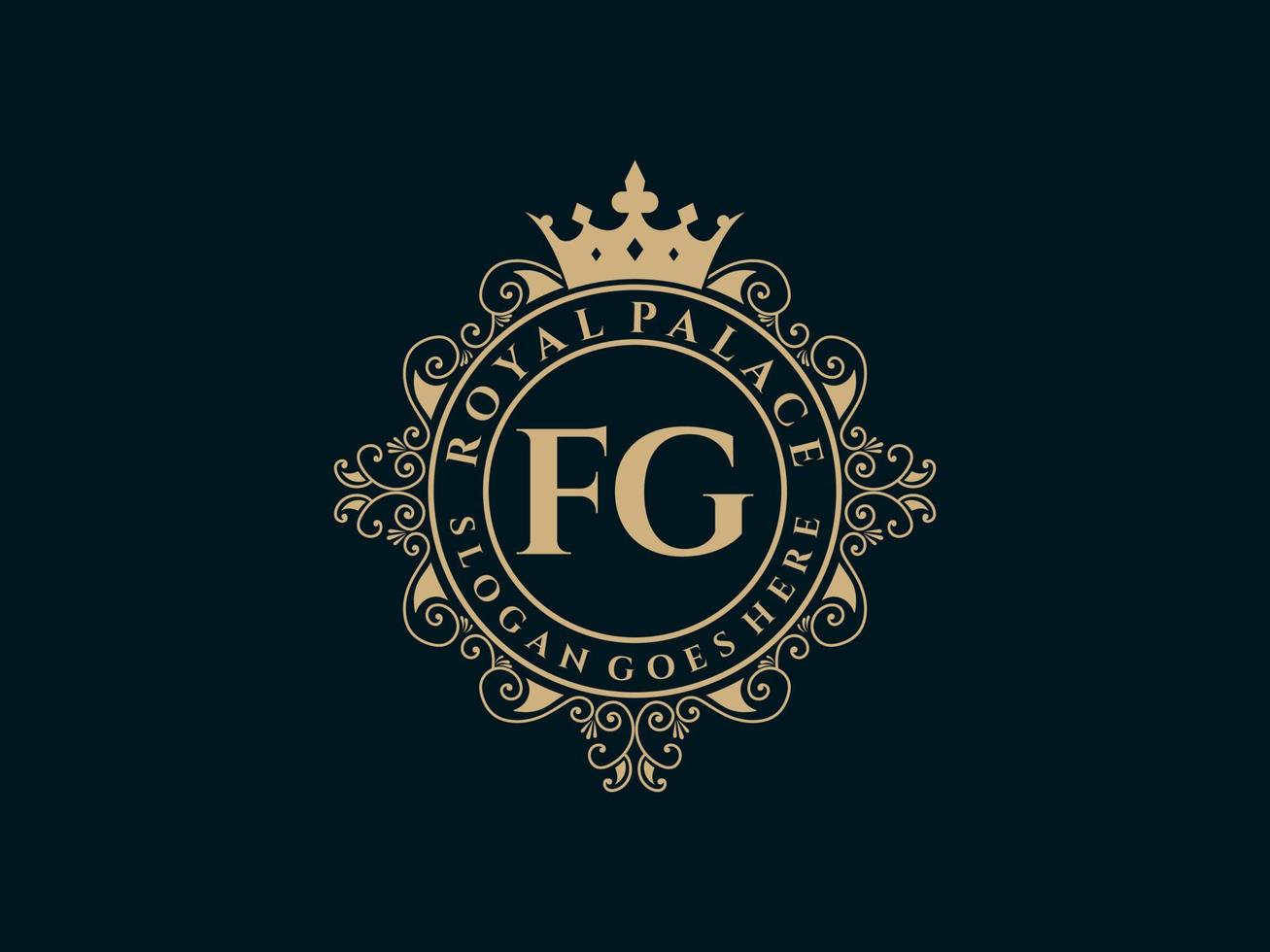 Letter FG Antique royal luxury victorian logo with ornamental frame. vector