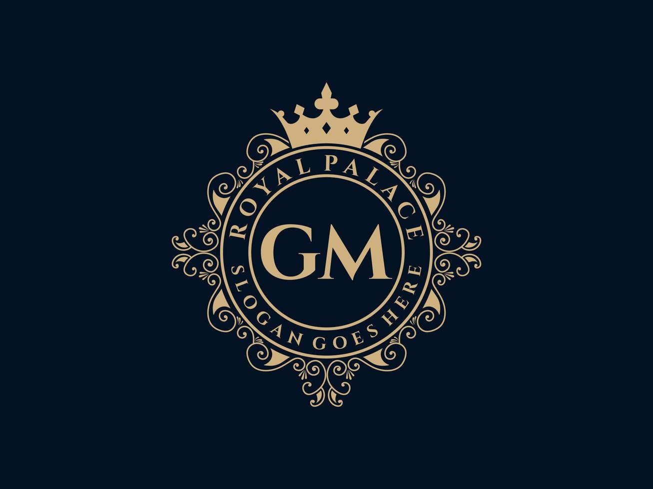 Letter GM Antique royal luxury victorian logo with ornamental frame. vector