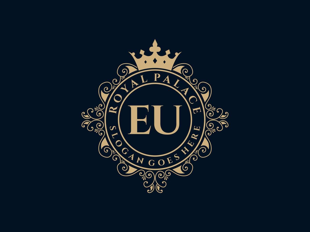 letra eu logotipo victoriano de lujo real antiguo con marco ornamental. vector