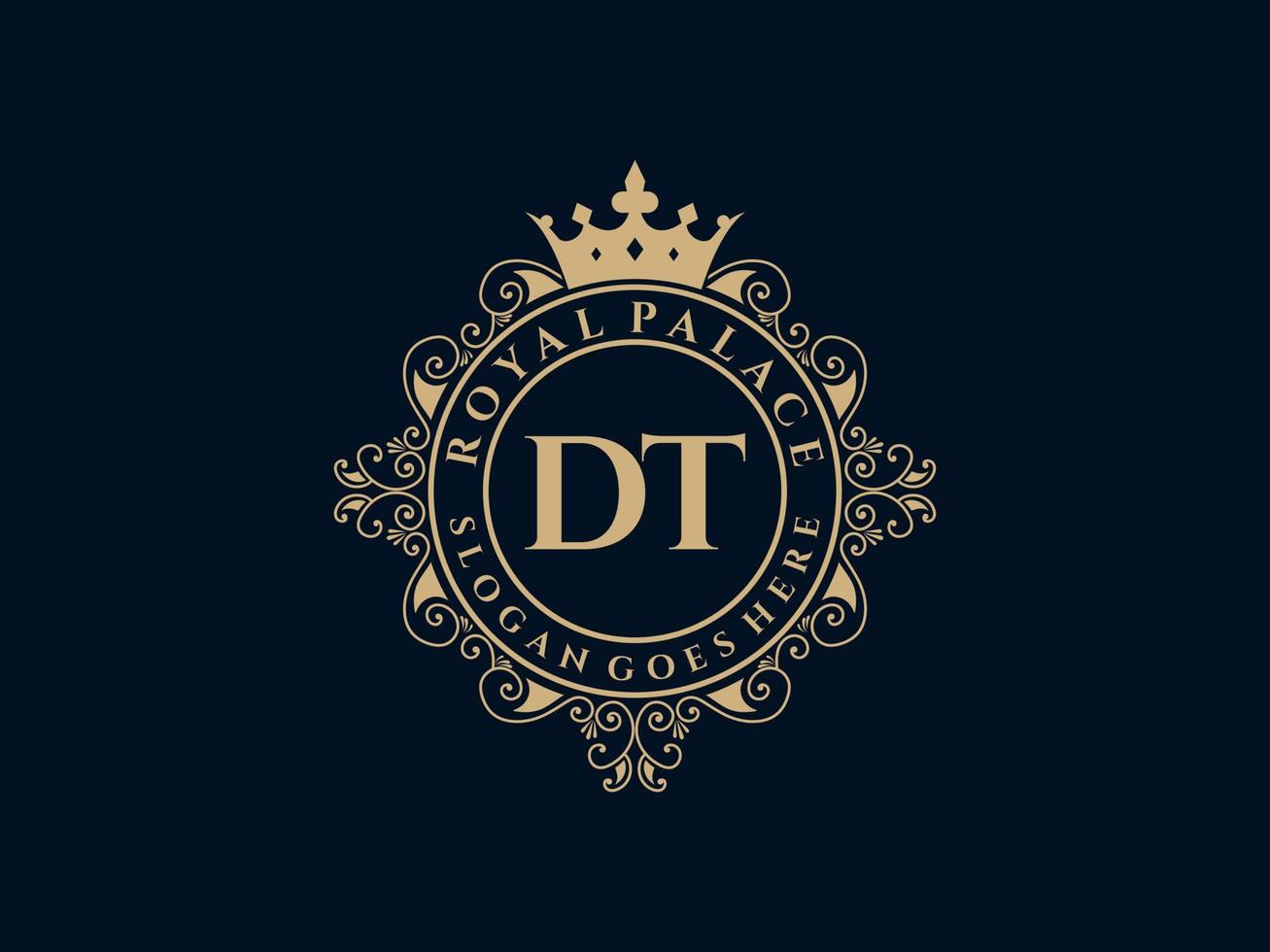 Letter DT Antique royal luxury victorian logo with ornamental frame. vector