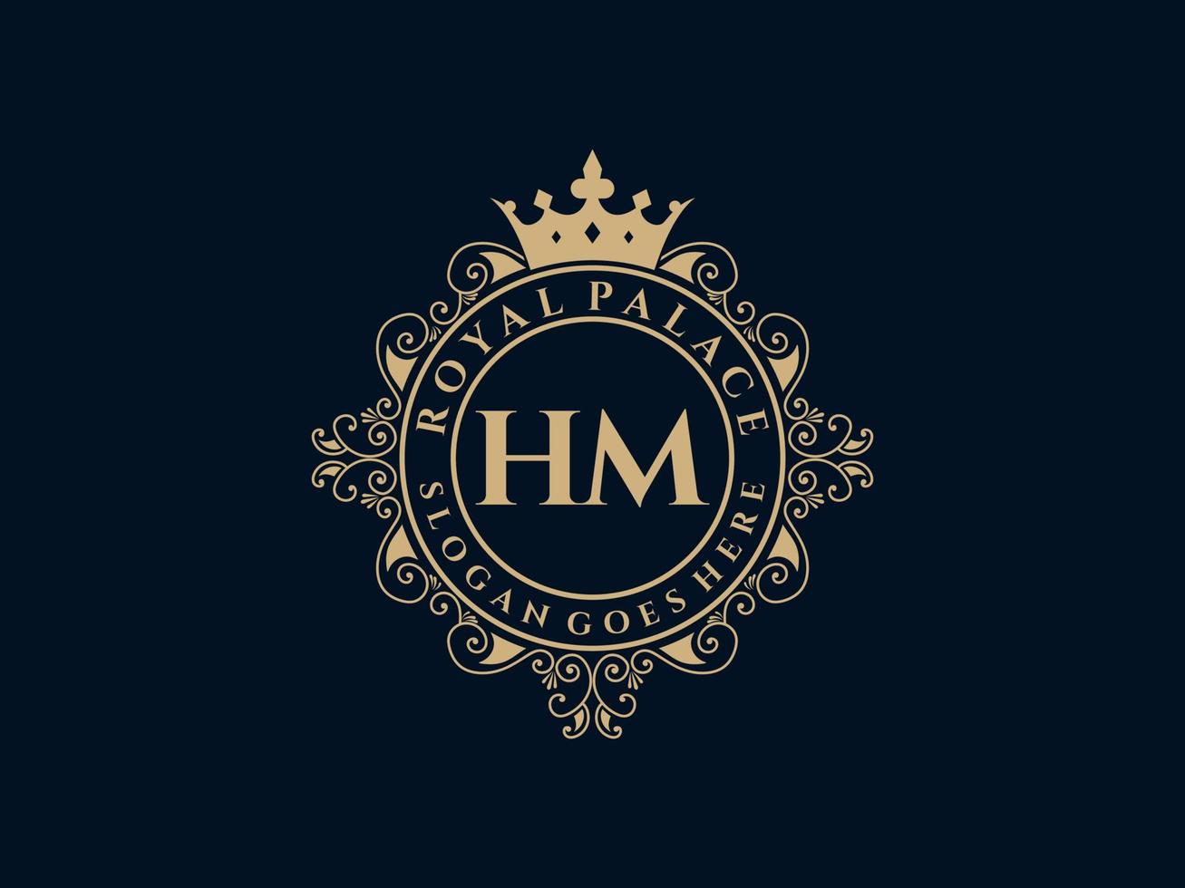 Letter HM Antique royal luxury victorian logo with ornamental frame. vector