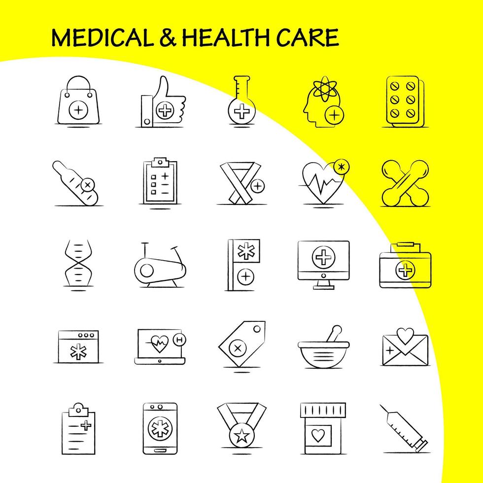 icono dibujado a mano de atención médica y de salud para impresión web y kit de uxui móvil, como matraz de laboratorio médico, bandera de hospital, paquete de pictogramas de hospital médico de atención médica, vector