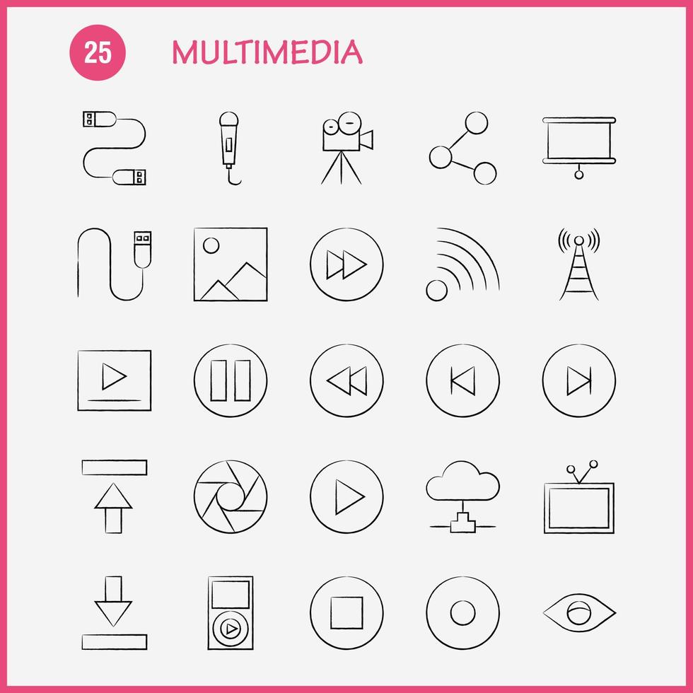 Multimedia Hand Drawn Icon for Web Print and Mobile UXUI Kit Such as Microphone Mike Music Audio Fast Forward Move Play Pictogram Pack Vector