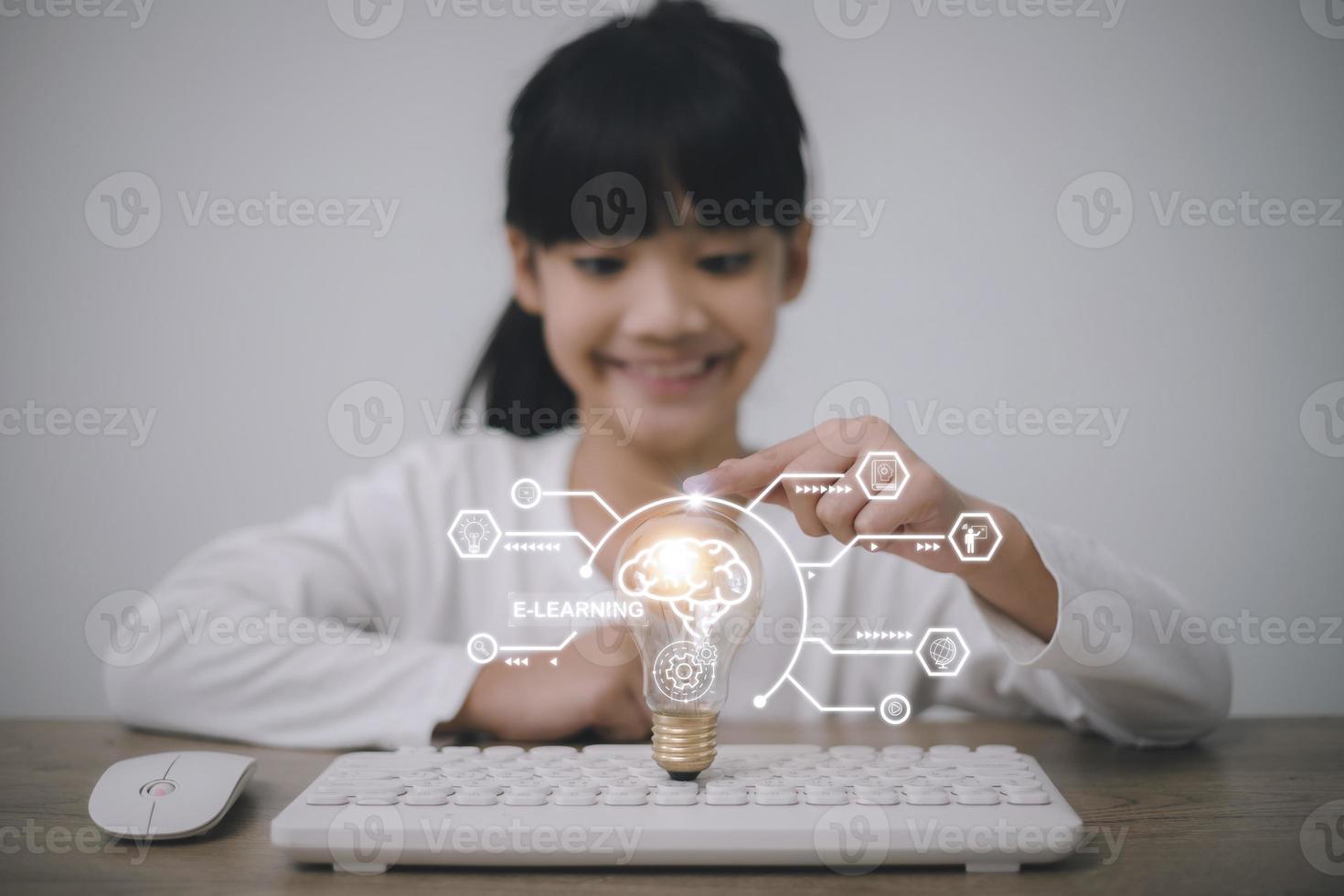 Education technology concept. Schoolgirl learning in the room. Online school. EdTech.E-learning concept photo