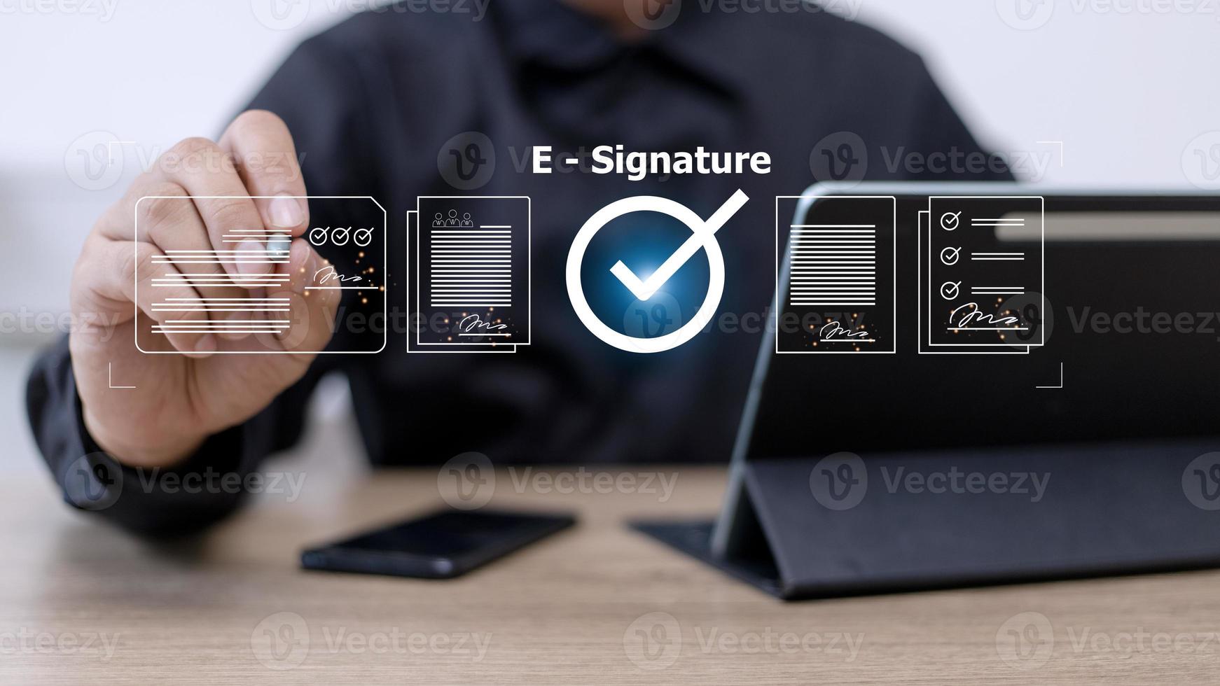 Online business contract Electronic signature, e-signing, digital document management, paperless office, signing business contract concept. photo