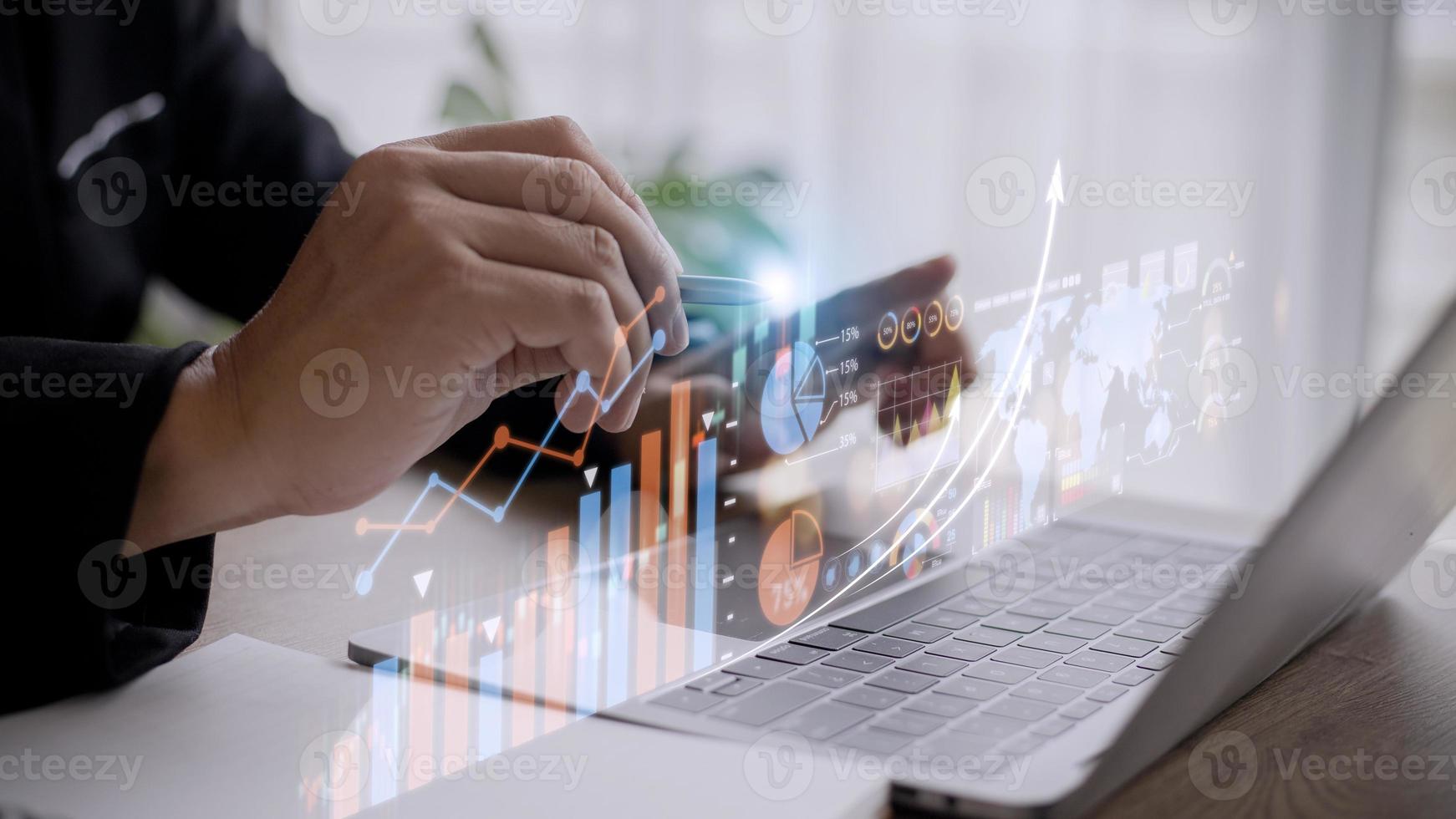 Data Analysis for Business and Finance Concept. Graphic interface showing future computer technology of profit analytic, online marketing research and information report for digital business strategy. photo