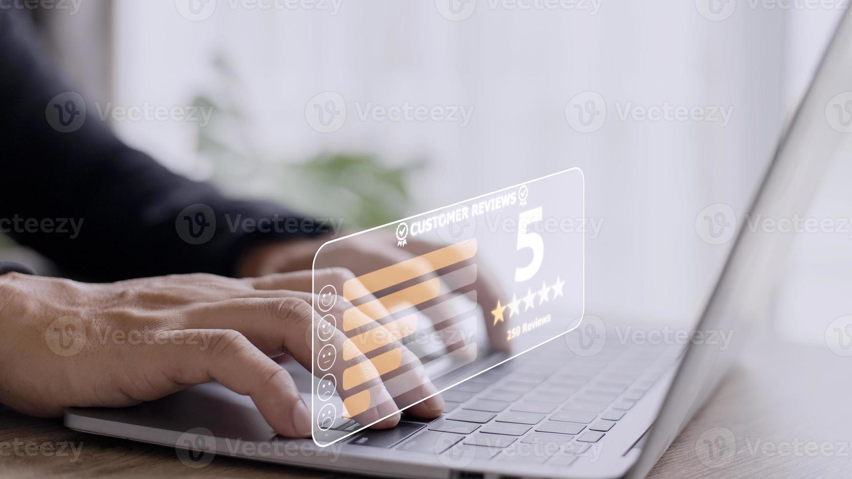 Customer review good rating concept, customer review by five star feedback, positive customer feedback testimonial. photo