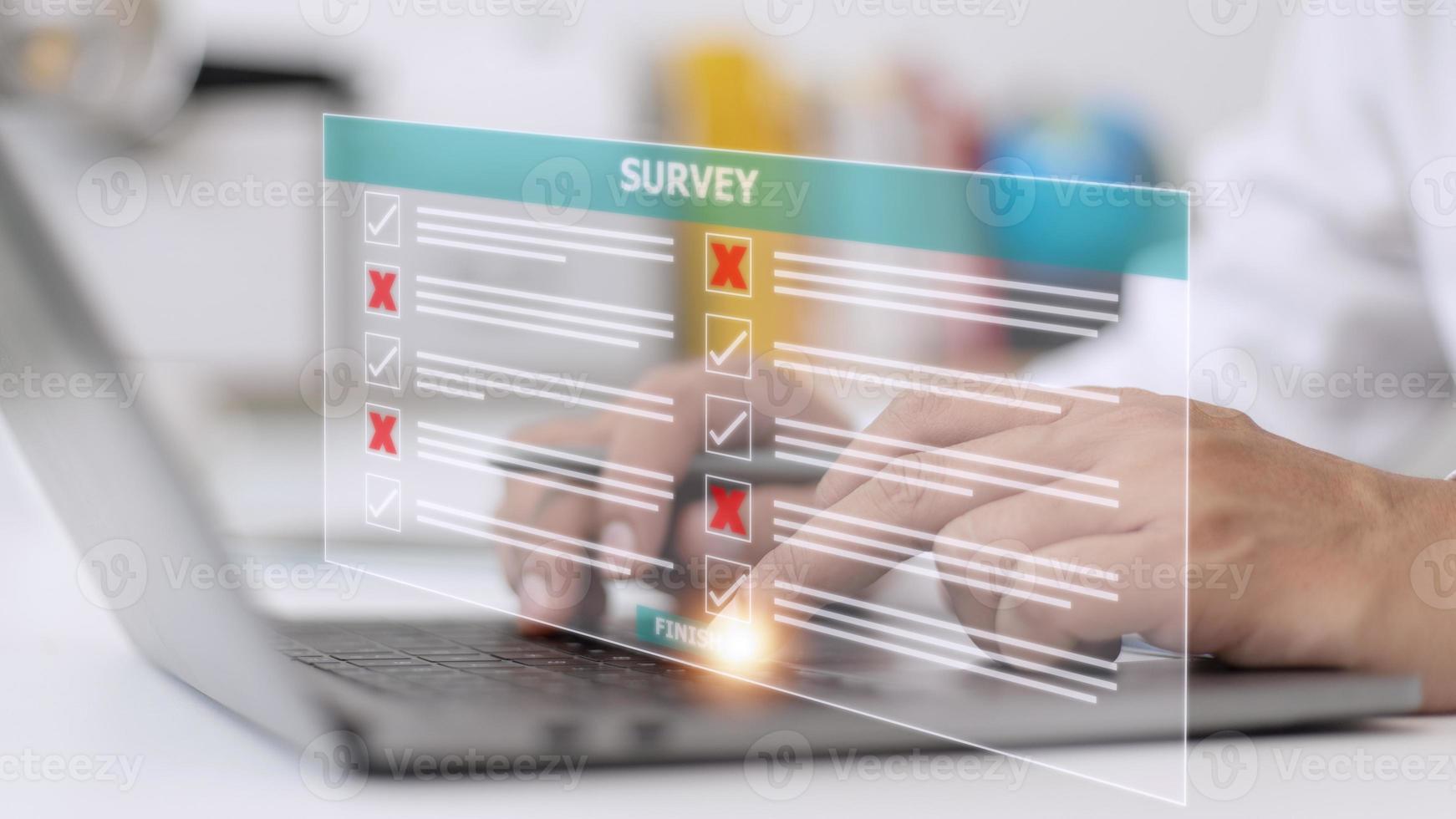 Survey form concept. Check marks on checklist and Filling online form or answering questions. Customer Experiences and satisfaction concept. photo