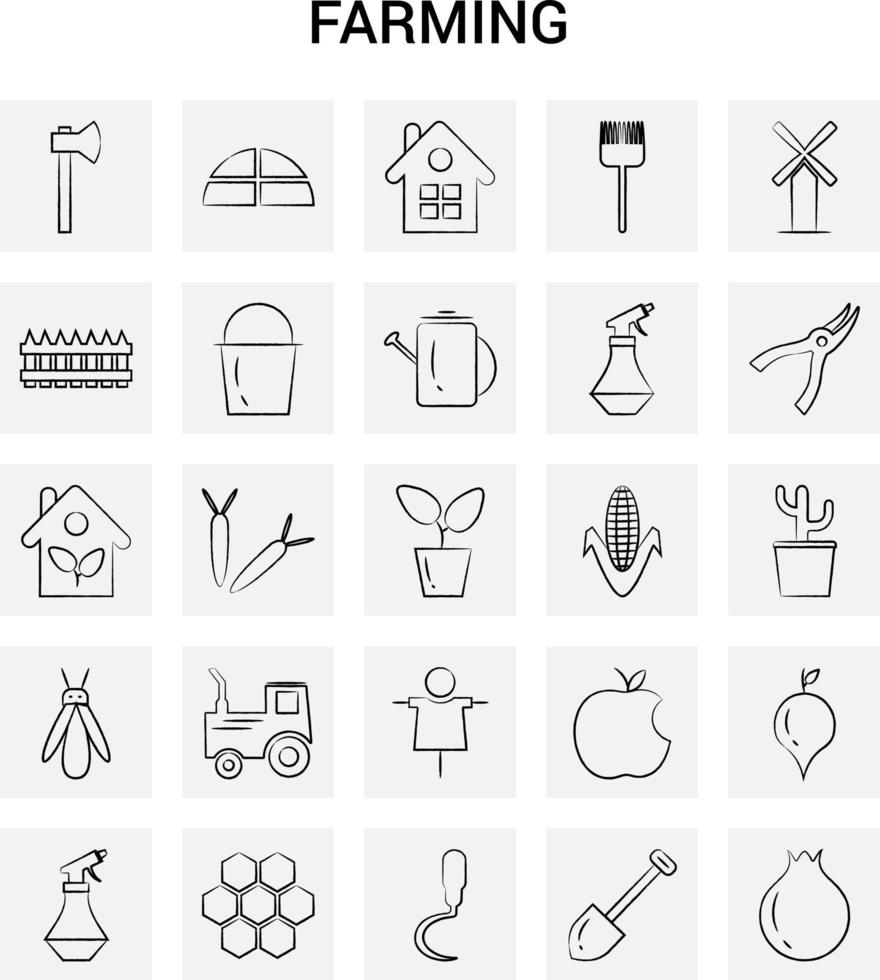 25 Hand Drawn Farming icon set Gray Background Vector Doodle