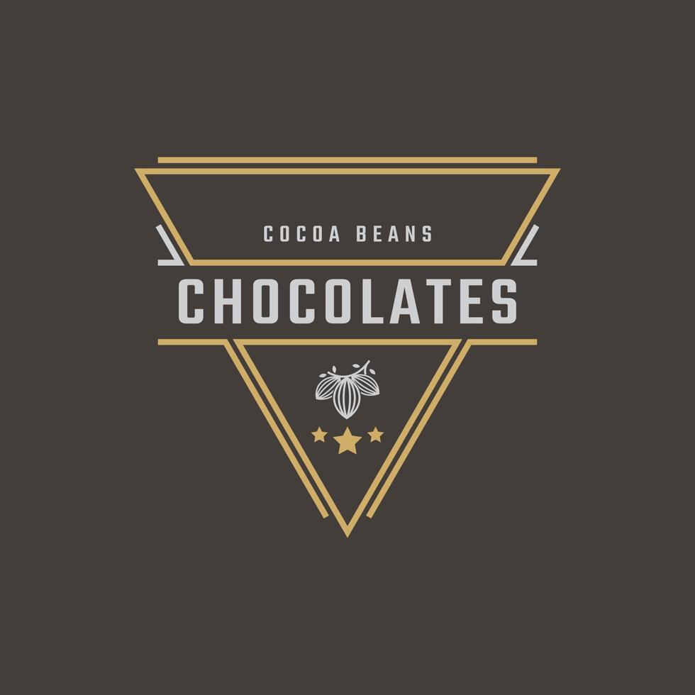 emblema de insignia retro vintage chocolate con diseño de logotipo de grano de cacao estilo lineal vector