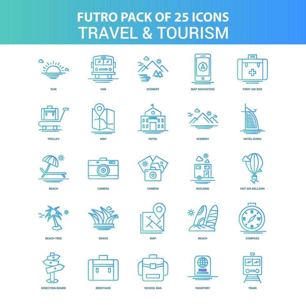 25 paquete de iconos de viajes y turismo de futuro verde y azul vector