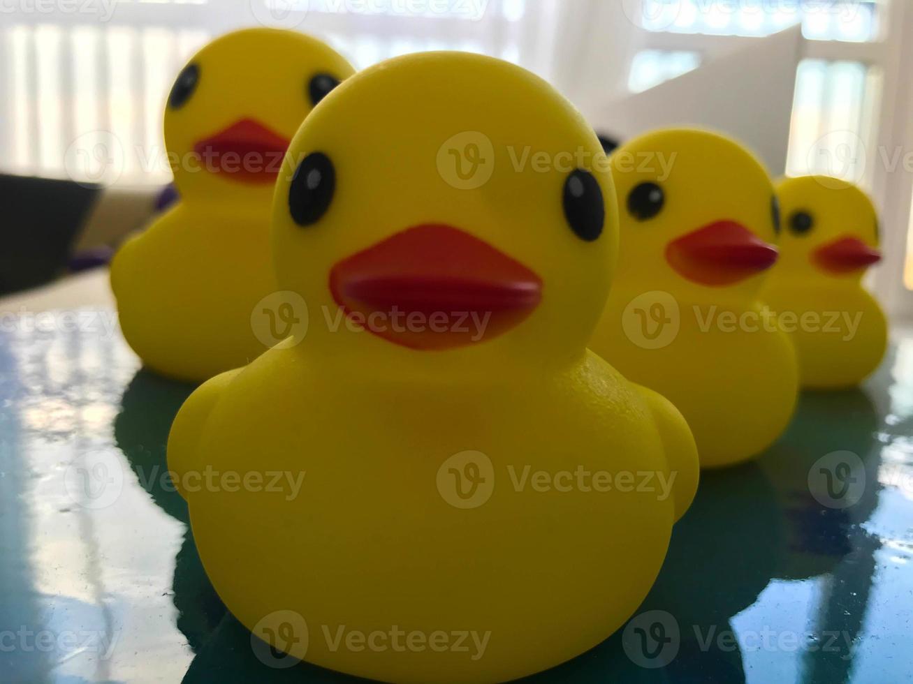 hermosos patos de juguete de bañera de goma amarilla nadan en un fondo de agua azul foto