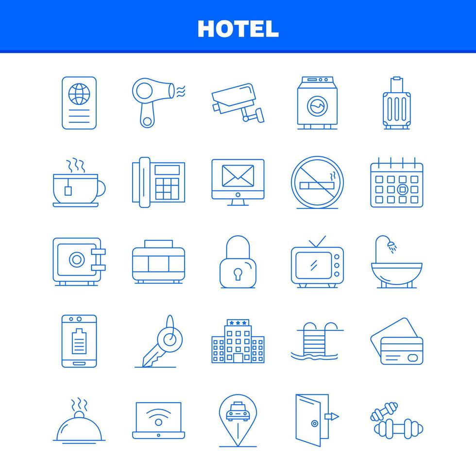 los iconos de la línea del hotel establecidos para el kit uxui móvil infográfico y el diseño de impresión incluyen el vector del conjunto de iconos de la celda móvil del hotel de la puerta de entrada y salida del hotel