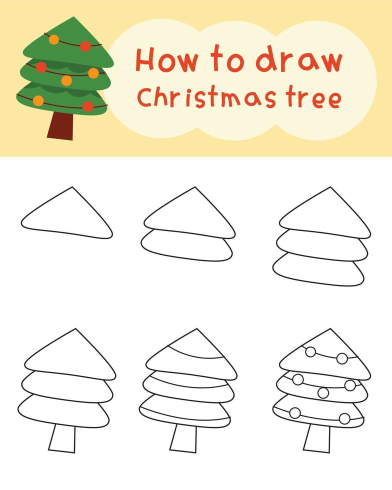How to draw christmas tree cartoon. Easy drawing for learning, play, education, art vector