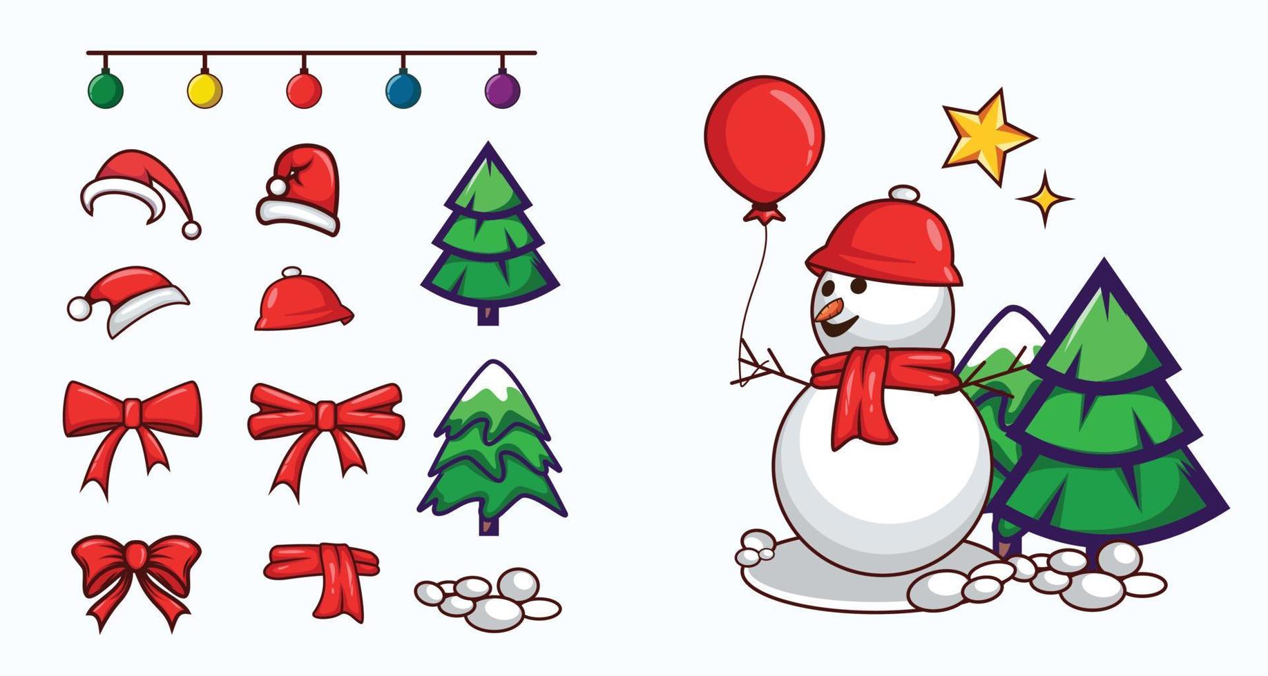 elementos de feliz navidad con muñeco de nieve, sombrero, globo y árbol de navidad vector