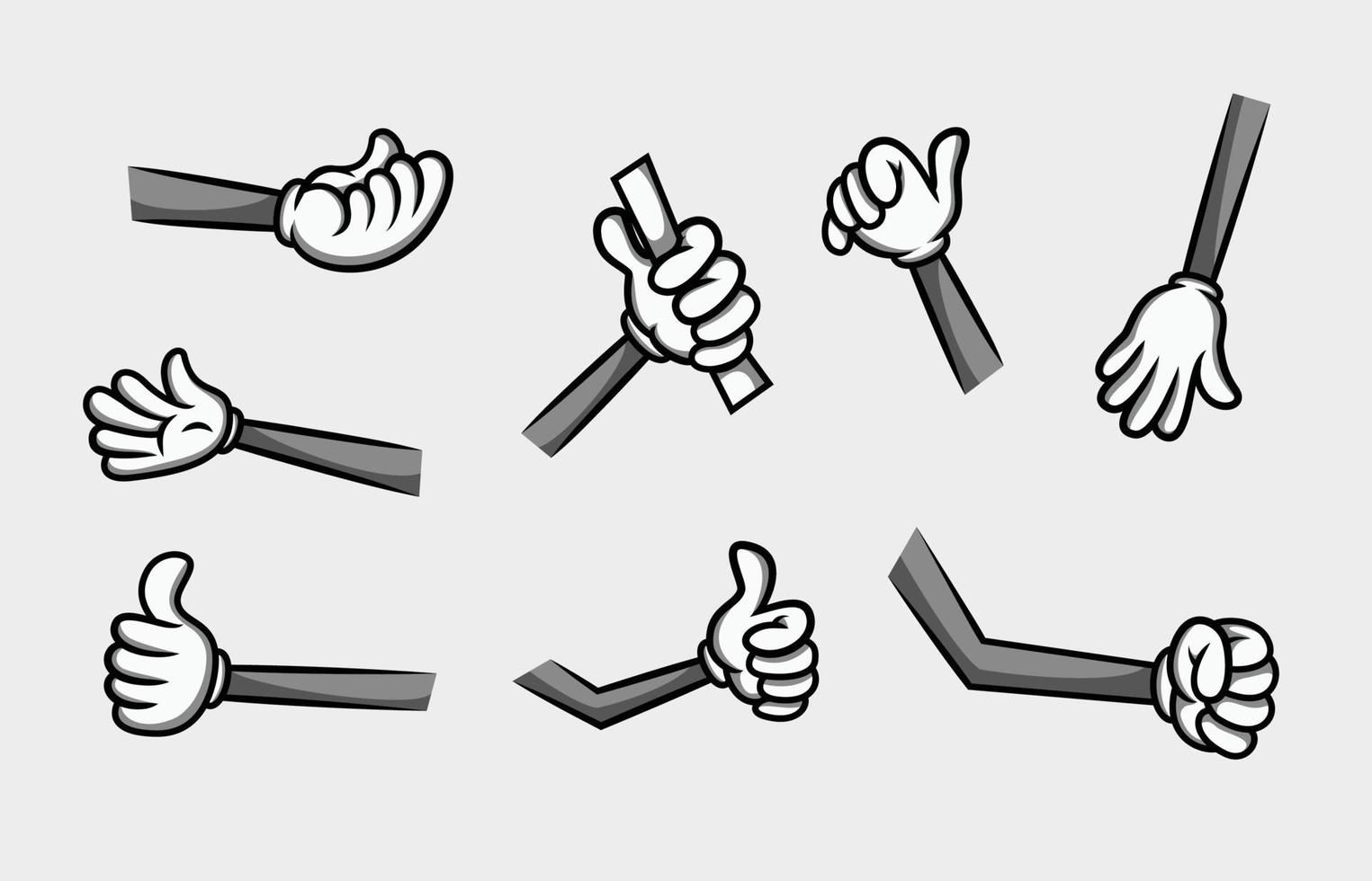 collection of black and white cartoon hands in different poses for mascot artist vector