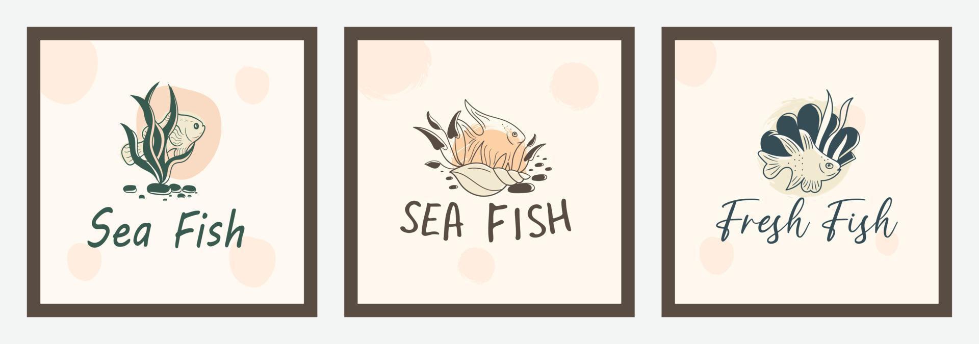 Hand drawn see food or fish logo design collection with under water ocean elements vector