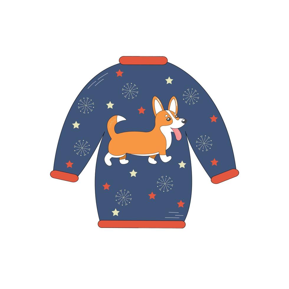 Christmas postcard with invitation on ugly sweater party. Christmas blue sweater with a cartoon happy corgi. vector