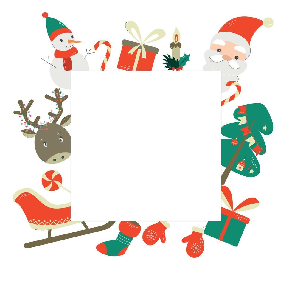 Merry Christmas Greeting card. Christmas greeting frame with traditional symbols - Snowman, Santa, Reindeer, Tree, Gifts and Sleigh. Vector illustration in flat cartoon style