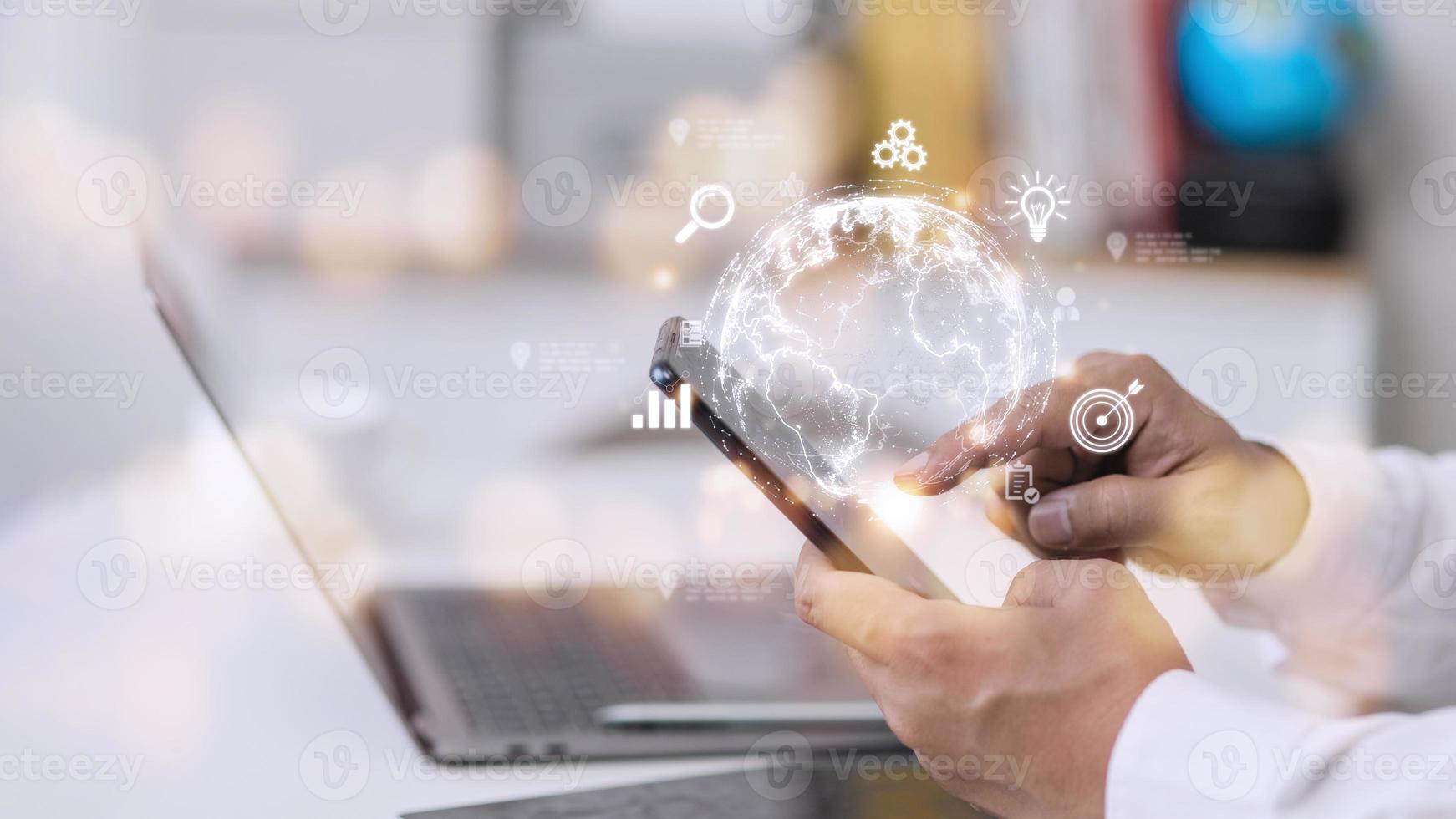People use mobile smartphones. Business global internet connection application technology and digital marketing, Financial and banking, Digital link tech, big data. photo