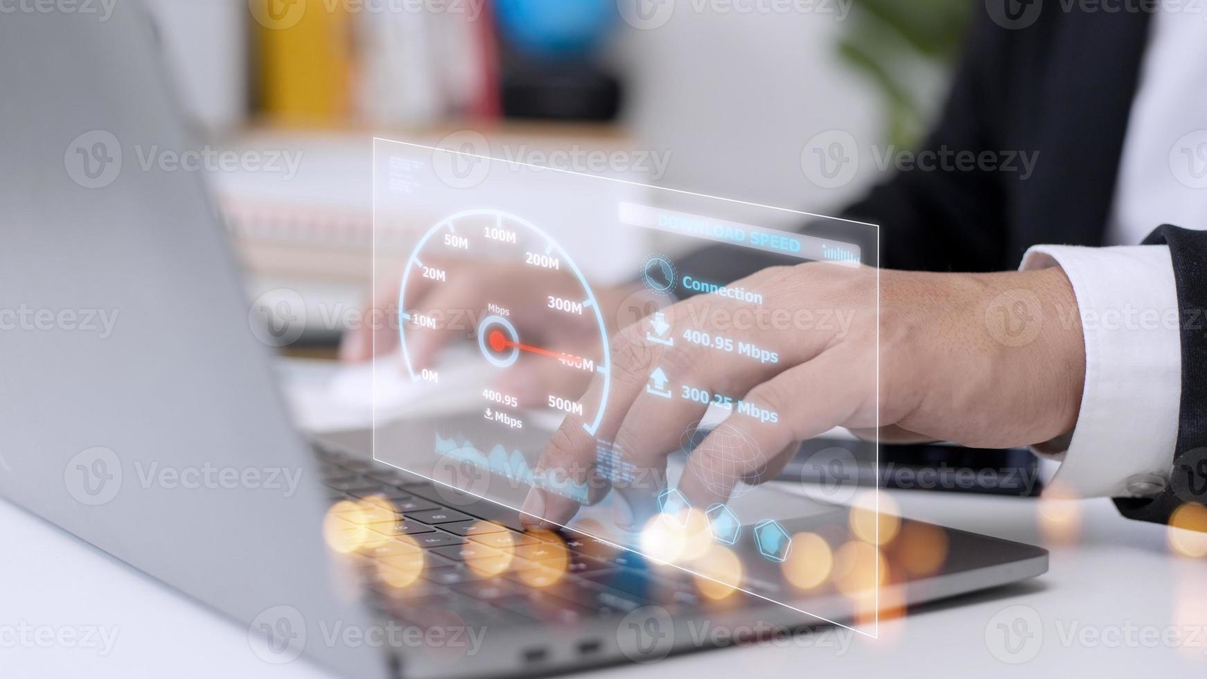 Fast internet connection with Metaverse technology concept, Hand holding smartphone and Virtual screen of Internet speed measurement, Internet and technology concept, 5G Hi speed internet concept photo